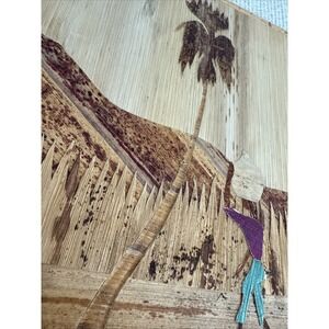 Bamboo Wood Inlay Folk Art Ship Sea Tropical 5x8" Wall Art MCM 1960 Set Of‎ 3